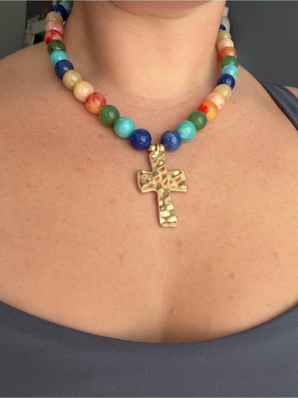 Multicolor Beaded Necklace with Gold Cross Pendant